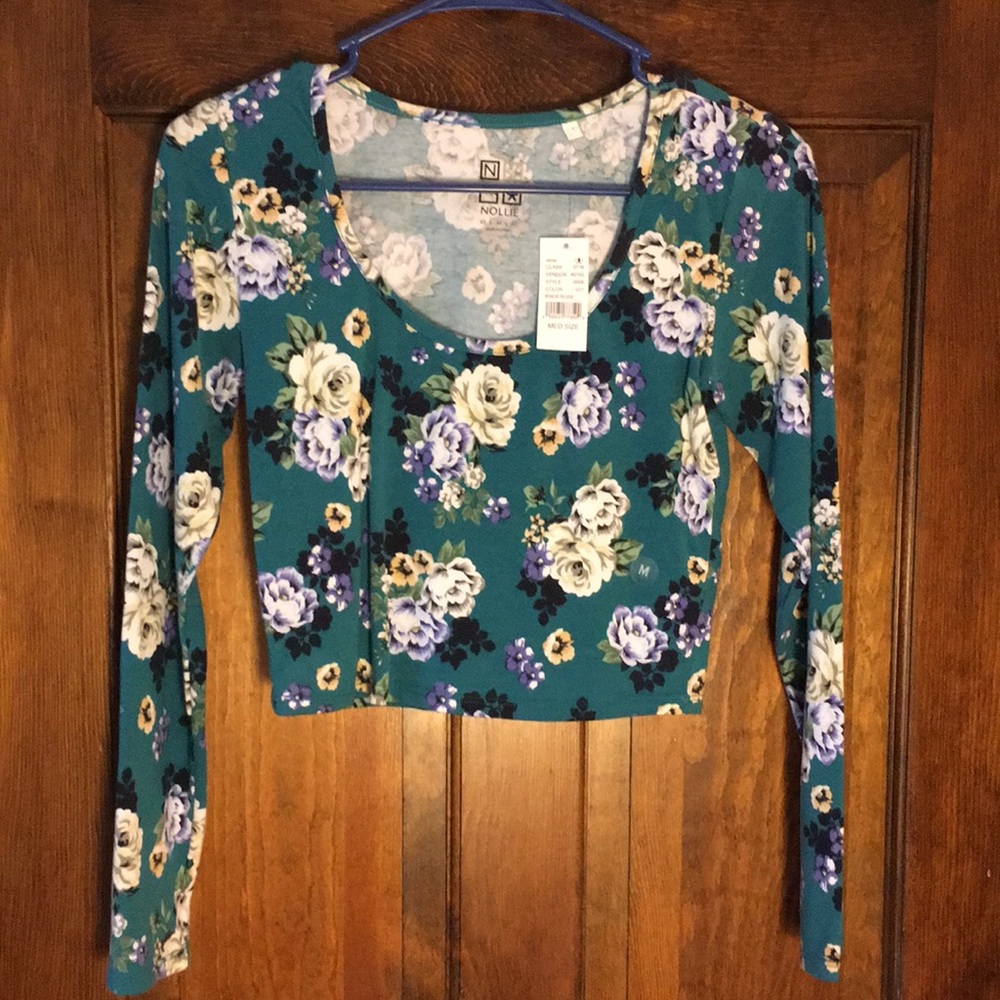 Teal floral long sleeve crop top